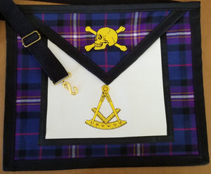 Widow's Son Apron with Freemason's Universal Tartan Leather Backed - Skull & Cross bones only available in Black & Yellow thread colors.