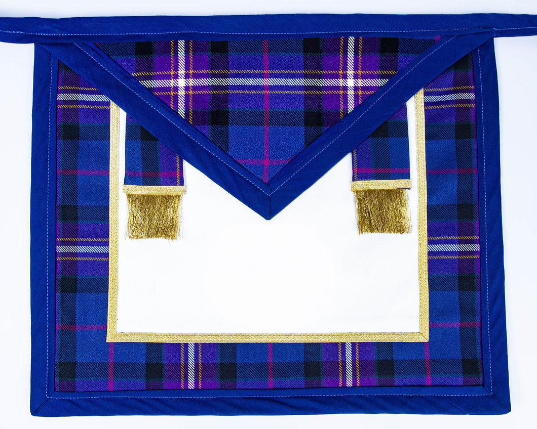Freemason's Universal Tartan Apron Leather Backed - Narrow Tartan Border with Side Tabs. You choose an emblem for both the field & flap on next page.
