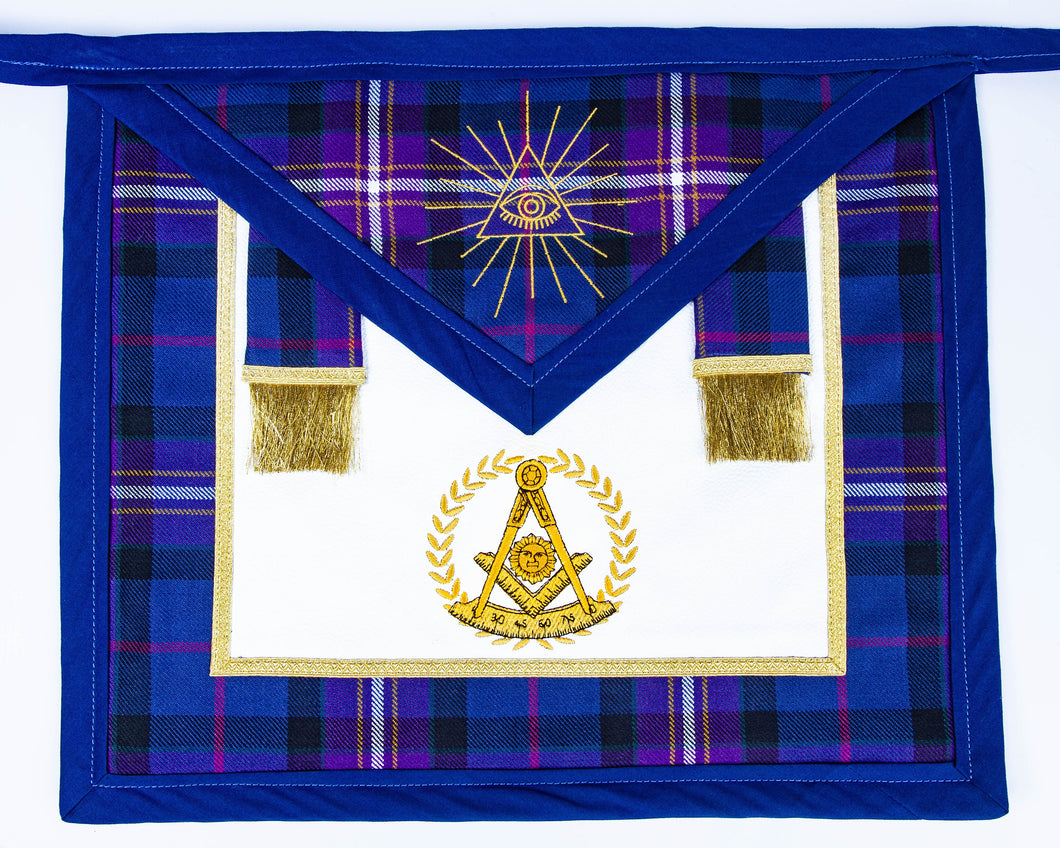 Pre-Made Leather Backed Tartan Apron with Past Master and Triangle All-seeing eye logos with Side Tabs